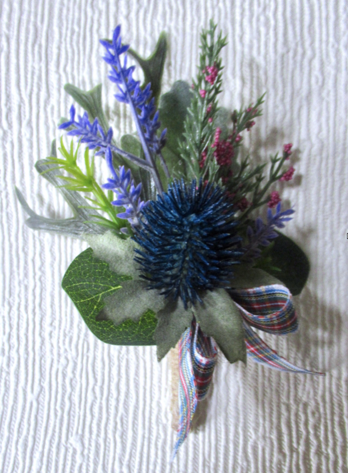 Teal Blue Thistle Buttonhole, Scottish inspired weddng flowers
